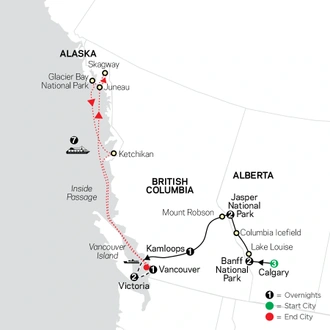 tourhub | Cosmos | Heart of the Canadian Rockies with Calgary Stampede & Alaska Cruise | Tour Map