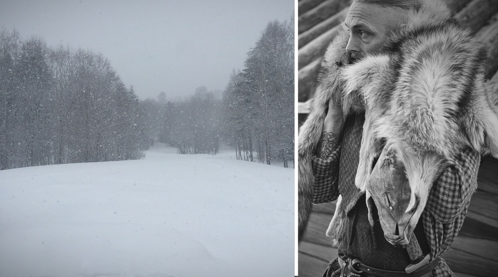 Picture of a winter landscape. Picture of a viking man in a fur.