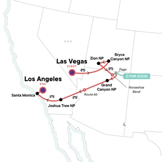 tourhub | G Adventures | Southwest Road Trip: Zion, the Grand Canyon & Santa Monica Sunsets | Tour Map