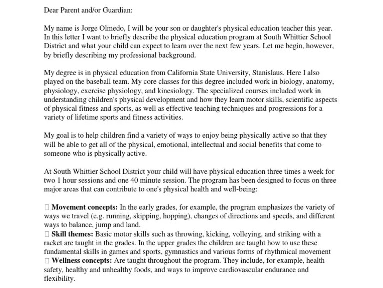 sample physical education teacher introduction letter to parents