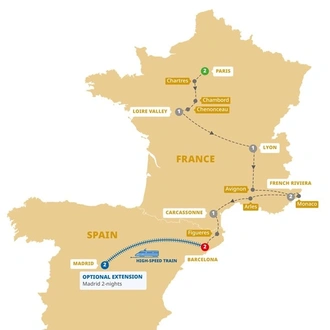 tourhub | Trafalgar | Highlights of France and Barcelona | Tour Map
