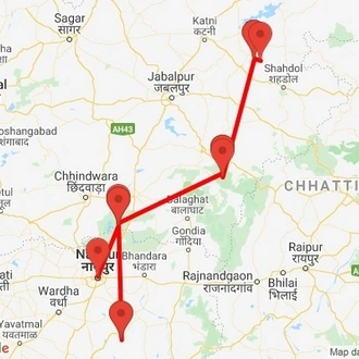 tourhub | Agora Voyages | Wildlife Safari in Central India: Bandhavgarh, Kanha, Pench & Tadoba Andhari National Parks | Tour Map