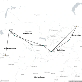 tourhub | Oasis Overland | Ashgabat To Bishkek (20 Days) Silk Road Highlights | Tour Map