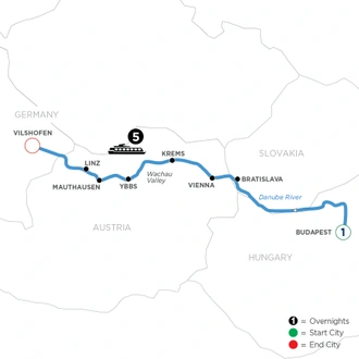 tourhub | Avalon Waterways | Danube Symphony with 1 Night in Budapest (Westbound) (Impression) | Tour Map