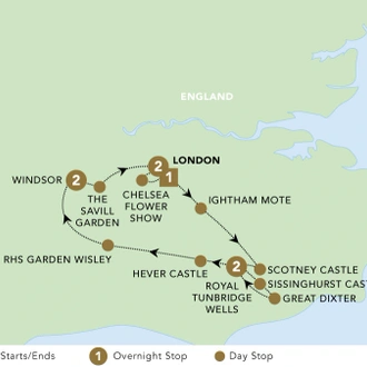 tourhub | Back-Roads Touring | Chelsea Flower Show (Eastbound) 2024 | Tour Map