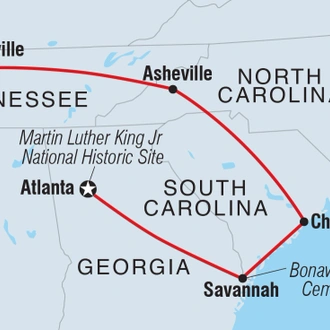 tourhub | Intrepid Travel | Georgia History Trail to Nashville		 | Tour Map