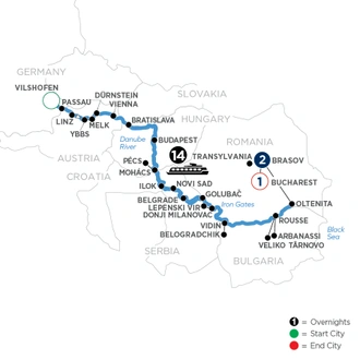 tourhub | Avalon Waterways | The Danube from Germany to Romania with 2 Nights in Transylvania (View) | Tour Map