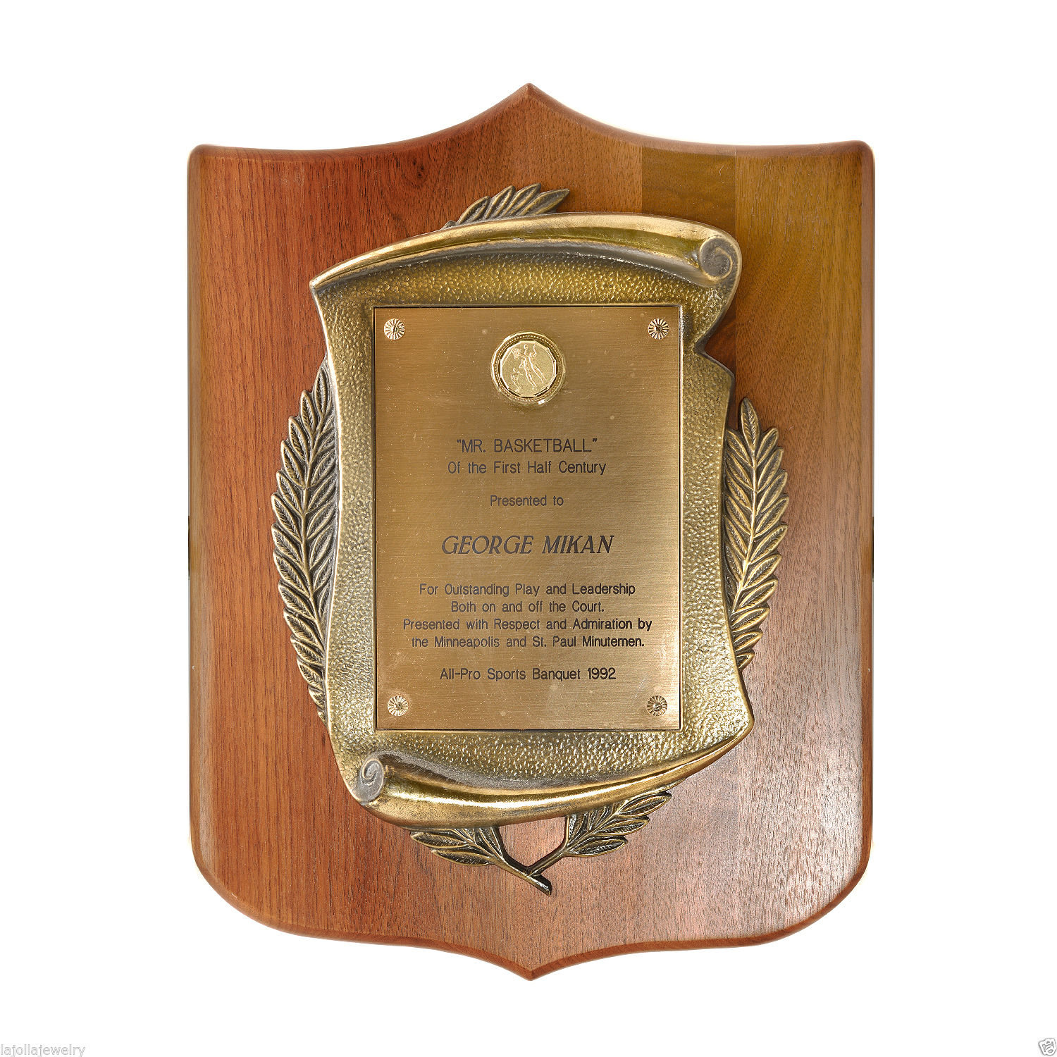 1992 Mr Basketball Of The First Half Century George Mikan Award Plaque Collectionzz