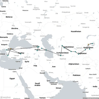 tourhub | Oasis Overland | Istanbul To Bishkek (90 Days) Turkey, Azerbaijan,the Stans & Wild Nature (Caib79) | Tour Map