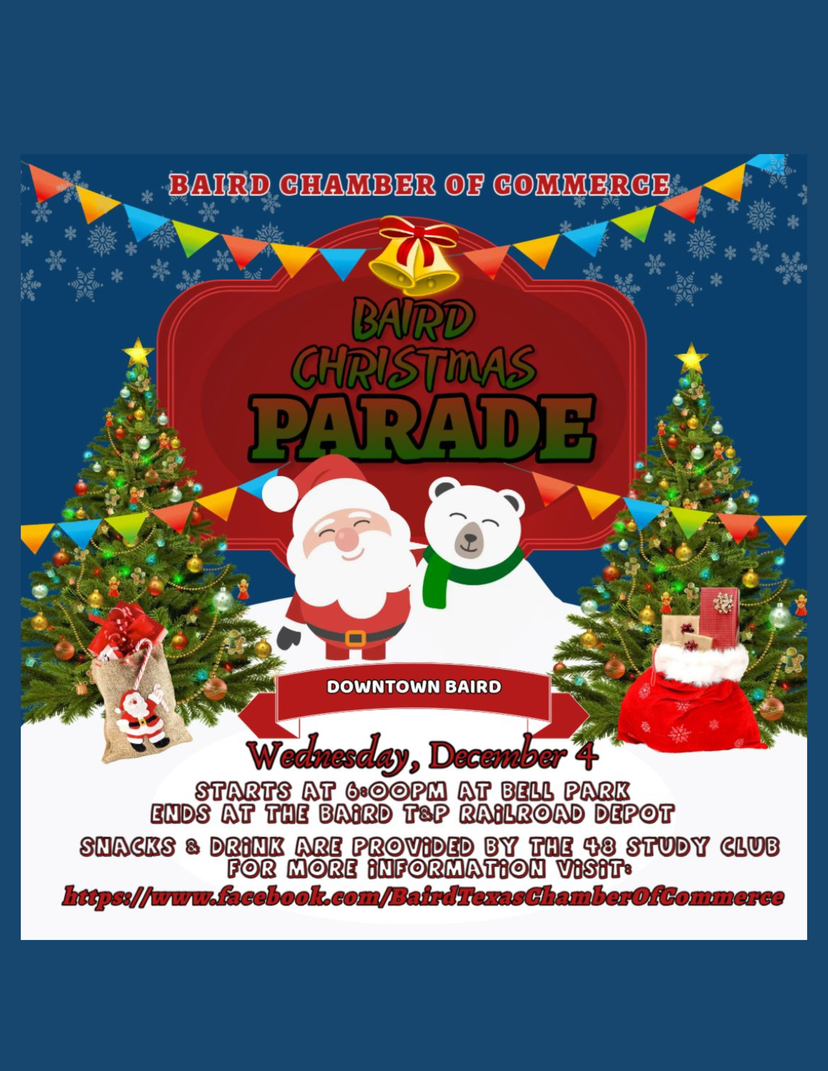 christmas parade flyer - December 4, 6:00 pm, starts at Bell park and ends at the T&P Depot downtown. snacks and drinks provided by the 48 club.