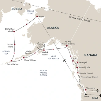 tourhub | HX Hurtigruten Expeditions | Alaska & British Columbia | Inside Passage, Bears and Aleutian Islands (Flight Included) | Tour Map