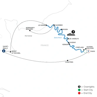 tourhub | Avalon Waterways | Active & Discovery on the Seine with 2 Nights in Saint-Malo and excursion to Mont St. Michel (Northbound) (Tapestry II) | Tour Map