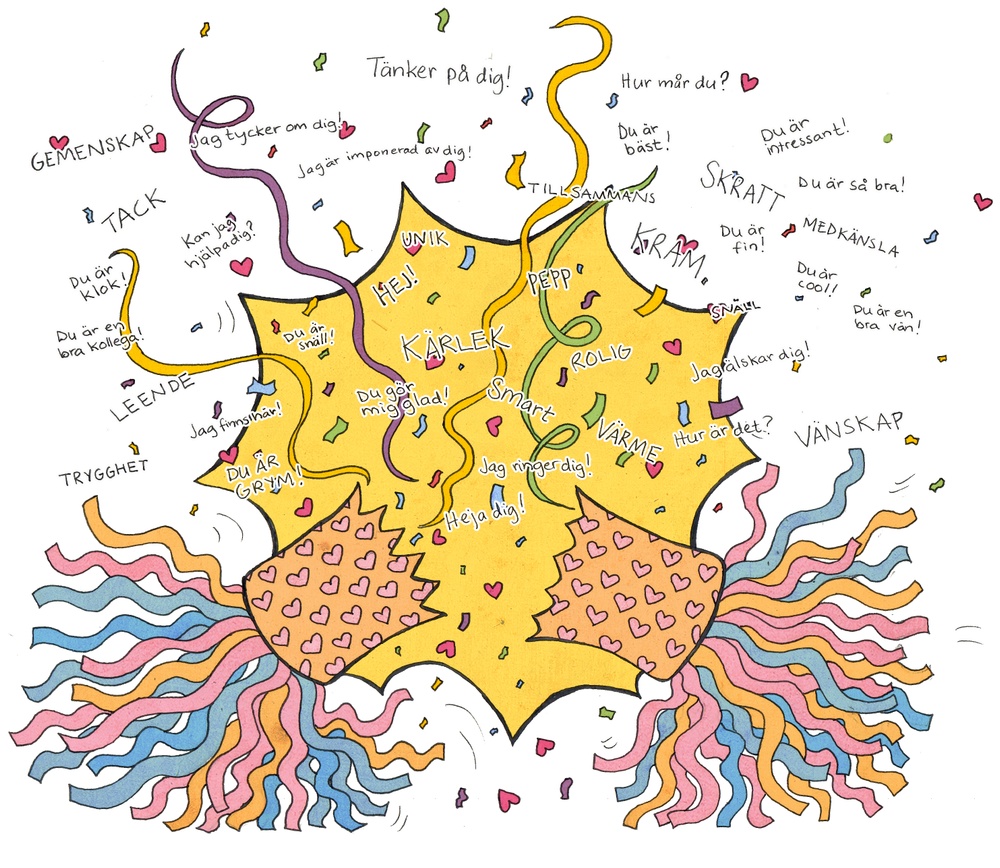 Denna illustration av Louise Edlund Winblad, @hejhejvardag, föreställer en snällkaramell fylld med vänlighet att skicka vidare till någon som behöver.