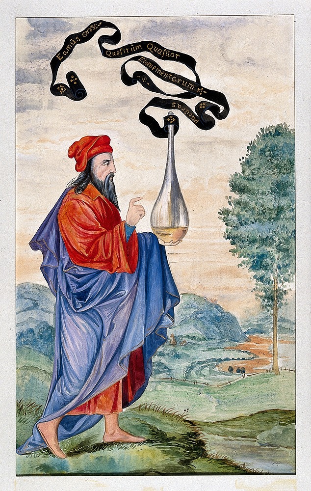 An alchemical adept carrying the vase of Hermes, which is inscribed "Let us go to seek the nature of the four elements".