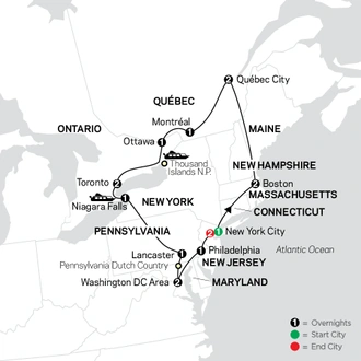 tourhub | Cosmos | Eastern US & Canada Grand Vacation with Extended Stay in New York City | Tour Map