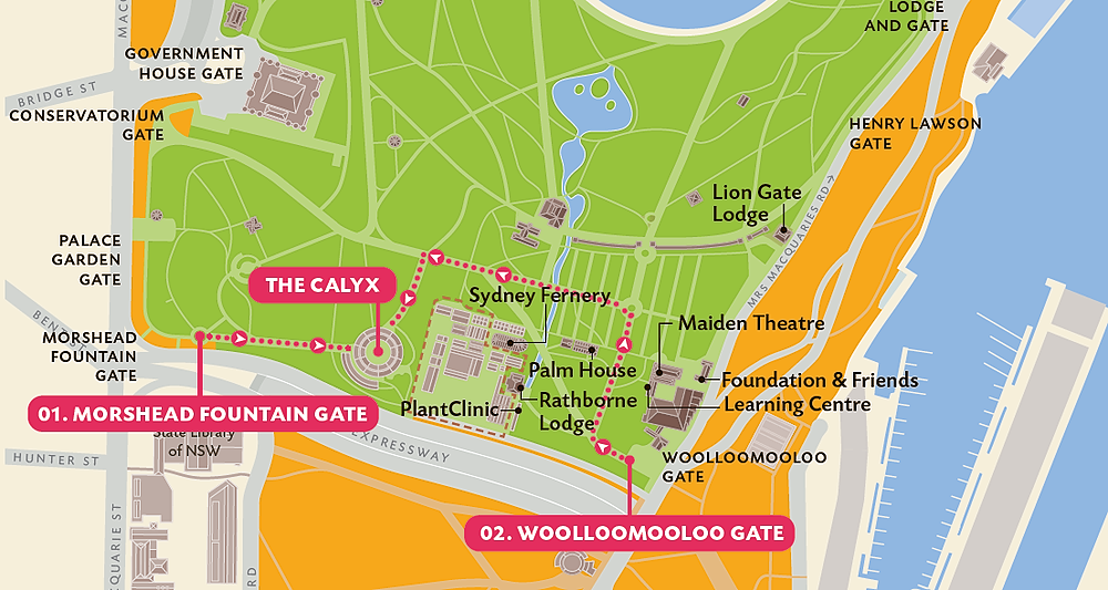 map showing entrances into Garden and wayfinding to the Calyx