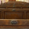 Name plates are still visible and legible on the benches inside the Eliyahu Hanavi Synagogue, Alexandria, Egypt. Joshua Shamsi, 2017.