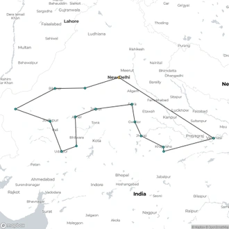 tourhub | Jee Tours | 22-Day Delhi, Rajasthan, Agra, Gwalior, Orchha, Khajurao, & Varanasi Tour | Tour Map