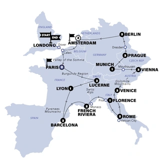 tourhub | Contiki | European Wanderer, Start Paris, End London (Winter 2024/2025) | Tour Map