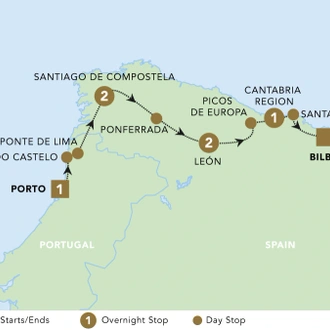 tourhub | Blue-Roads Touring | A Taste of the Camino: Porto to Bilbao 2025 | Tour Map