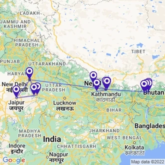 tourhub | UncleSam Holidays | India, Nepal and Bhutan Tour | Tour Map