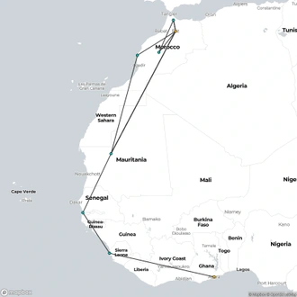 tourhub | Oasis Overland | Accra to Fes (75 Days) Trans Africa | Tour Map