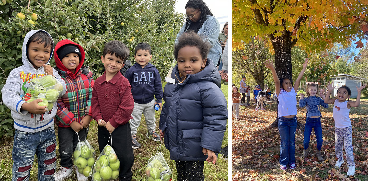 Kids apple-picking and playing in leaves