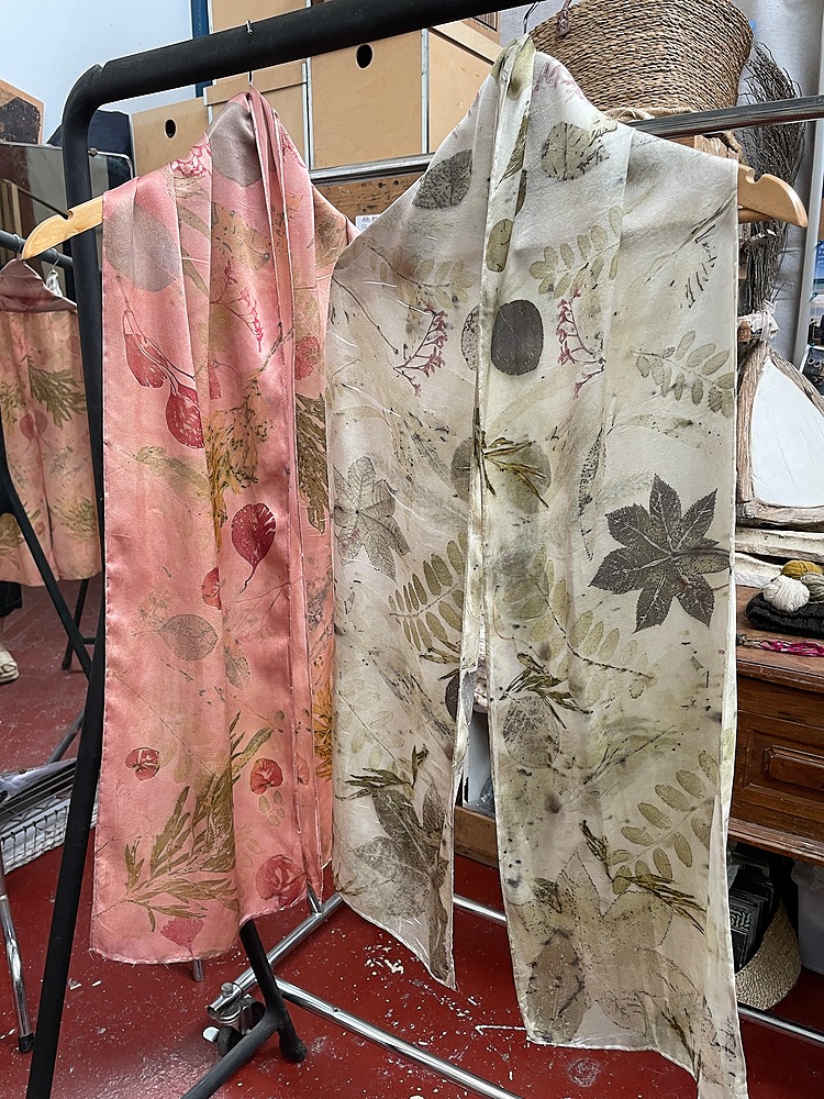 Two ecoprinted silk scarves