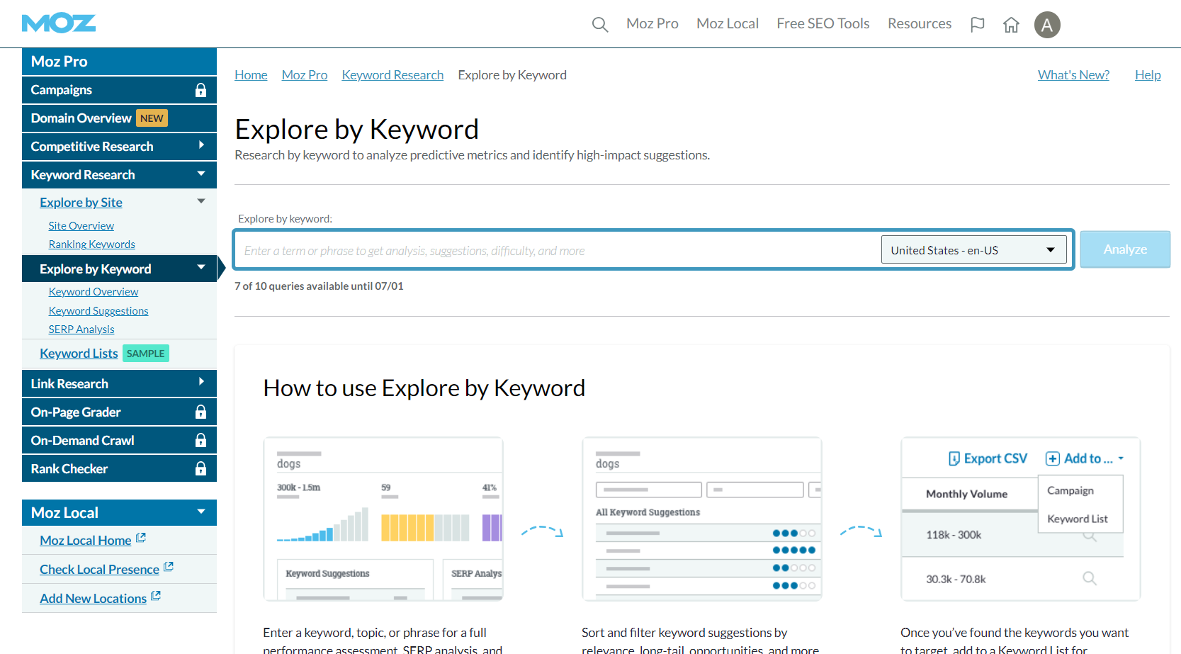 MOZ keyword Explorer dashboard