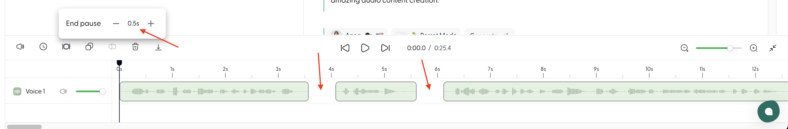 Add pauses in speech and silence periods between audio clips