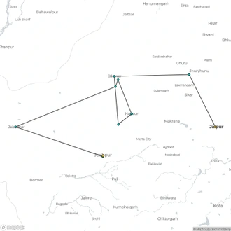 tourhub | Agora Voyages | Jaipur to Jodhpur via Sand Dune Cities of Mandawa, Bikaner, Khimsar & Jaisalmer | Tour Map