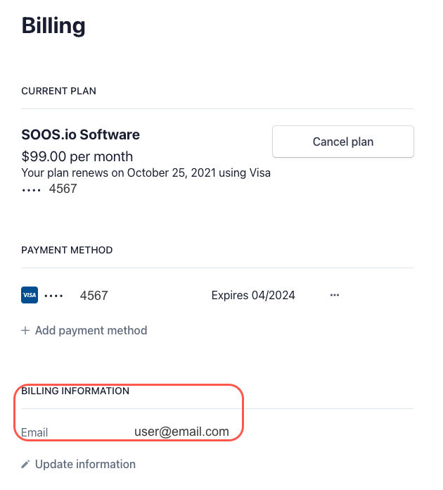 SOOS Billing page indicating location of the user assigned as the billing administrator