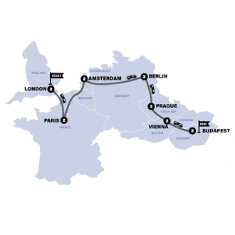 tourhub | Contiki | London to Budapest by Train | Winter | 2024/2025 | Tour Map