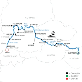 tourhub | Avalon Waterways | Christmastime from Budapest to Basel with 2 Nights in Budapest (Illumination) | Tour Map