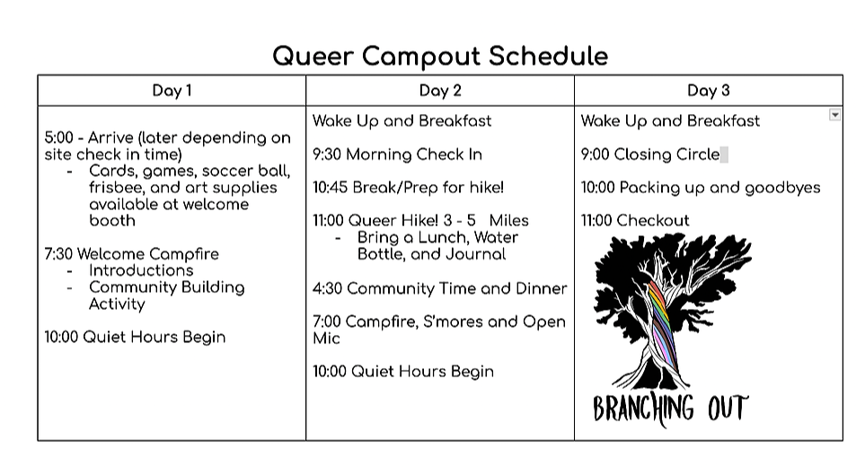 A schedule of the Queer CampOUT Program