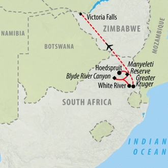 tourhub | On The Go Tours | Kruger Safari & Victoria Falls - 8 days | Tour Map