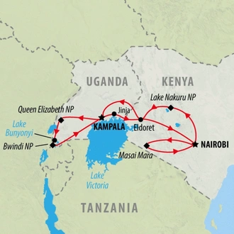 tourhub | On The Go Tours | Gorilla Trek & Kenya Safari (Accommodated) - 18 days | Tour Map