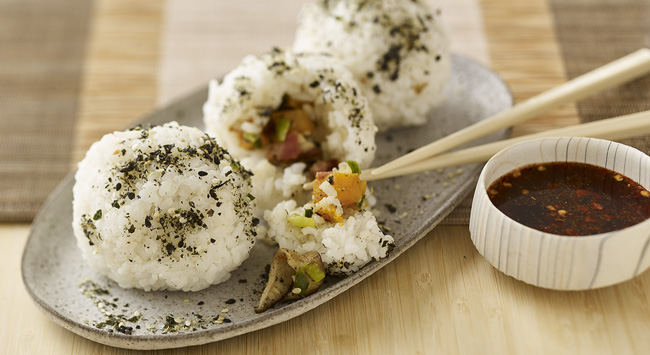 McCormick's Shiitake bacon rice balls with spicy ginger sauce
