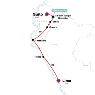 tourhub | G Adventures | Quito to Lima: Surf Towns & Hot Springs | Tour Map