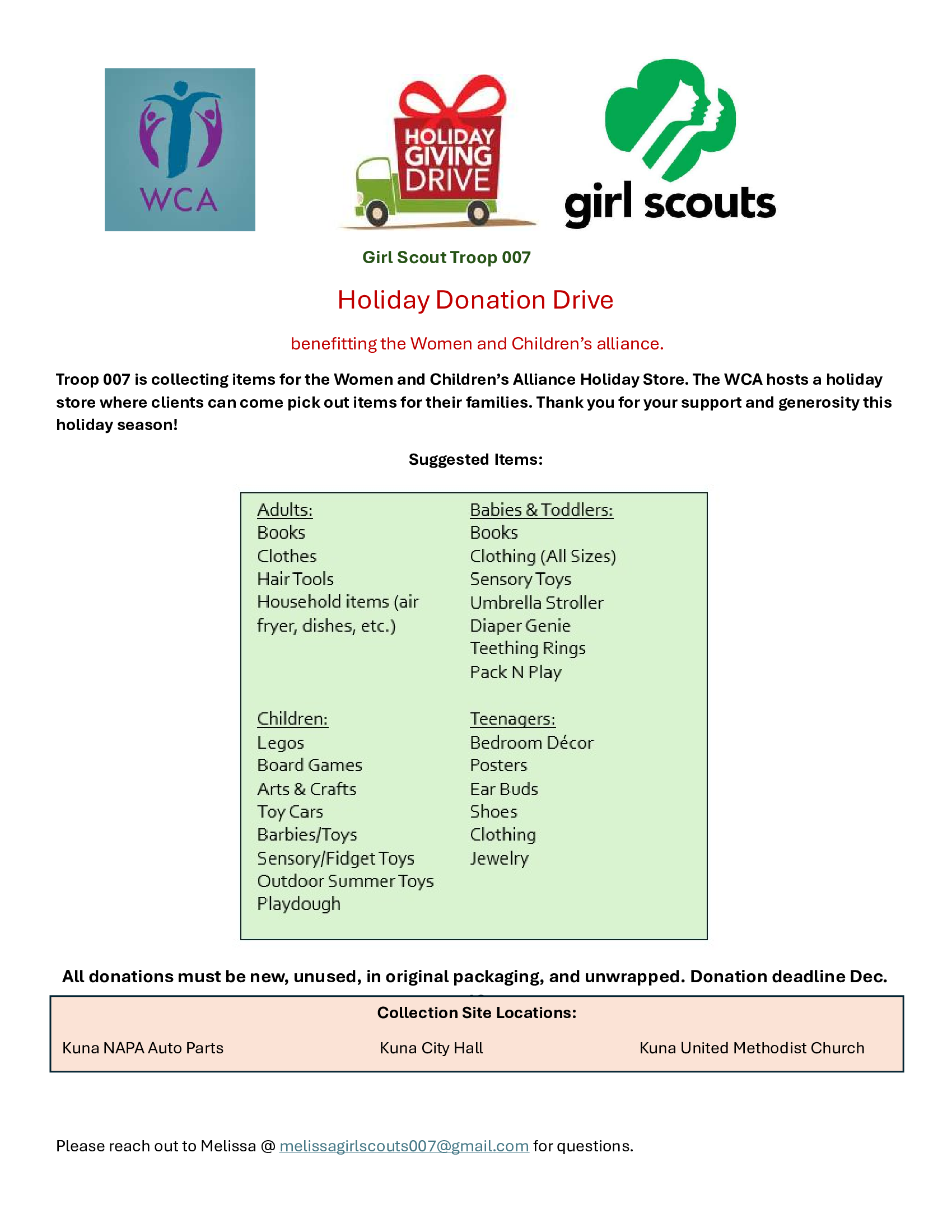 Girl Scout Holiday Donation Drive