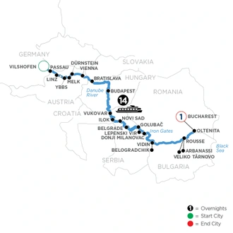 tourhub | Avalon Waterways | The Danube from Germany to Romania with 1 Night in Bucharest (Illumination) | Tour Map