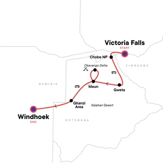 tourhub | G Adventures | Victoria Falls to Windhoek Overland Safari | Tour Map