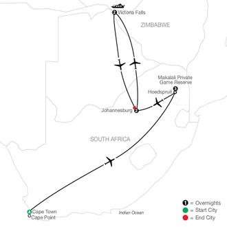 tourhub | Globus | Splendors of South Africa & Victoria Falls | Tour Map