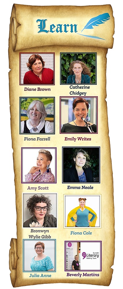 Learn from Writing Tutors - images of Diane Brown, Catherine Chidgey, Fiona Farrell, Emily Writes, Amy Scott, Emma Neale, Bronwyn Wylie Gibb, Fiona Cole, Julia Anne and Beverly Martens