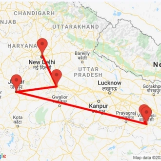 tourhub | GeTS Holidays | GOLDEN TRIANGLE WITH TEMPLE TOUR IN VARANASI | Tour Map