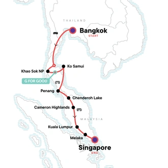 tourhub | G Adventures | Bangkok to Singapore: Jungle Hikes & Island Nights | Tour Map