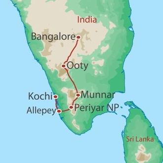 tourhub | World Expeditions | Bike, Hike & Kayak South India | Tour Map