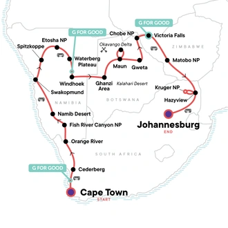 tourhub | G Adventures | Southern Africa Overland: Cape Town, Falls & Kruger | Tour Map