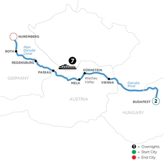 tourhub | Avalon Waterways | The Blue Danube Discovery with 2 Nights in Budapest (Artistry II) | Tour Map