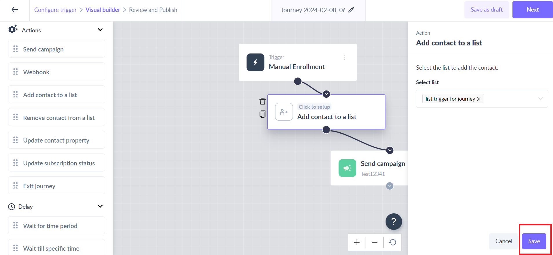 Add contact to a list as an action in the journey